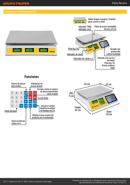 Báscula Electrónica Comercial 40kg PRETUL BASE-40P - Doble Display Digital con Batería Recargable para Pesaje Profesional