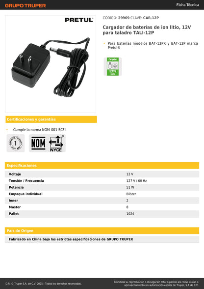 Cargador de Baterías Ion Litio 12V Pretul® CAR-12P - Compatible Taladro TALI-12P, BAT-12PR y BAT-12P - Carga Rápida y Segura
