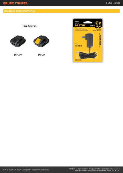 Cargador de Baterías Ion Litio 12V Pretul® CAR-12P - Compatible Taladro TALI-12P, BAT-12PR y BAT-12P - Carga Rápida y Segura