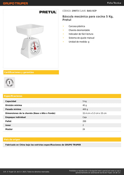 Báscula Mecánica de Cocina Pretul 5kg - Charola Desmontable y Lectura Precisa para Pesaje Profesional