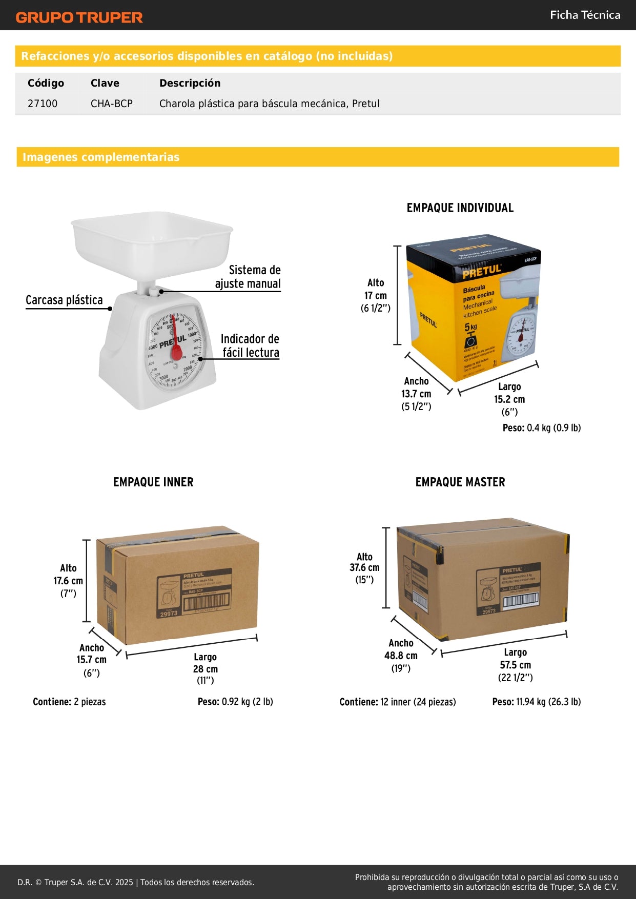 Báscula Mecánica de Cocina Pretul 5kg - Charola Desmontable y Lectura Precisa para Pesaje Profesional