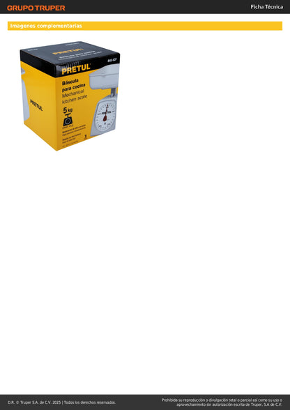 Báscula Mecánica de Cocina Pretul 5kg - Charola Desmontable y Lectura Precisa para Pesaje Profesional