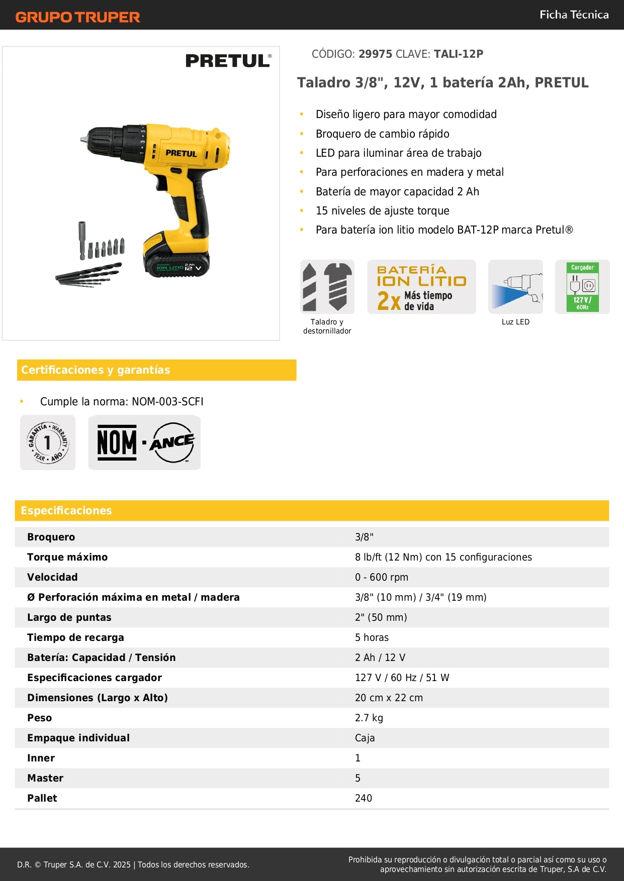 "Taladro Inalámbrico Premium PRETUL 12V 3/8" - Batería Recargable Profesional para Construcción y Carpintería"