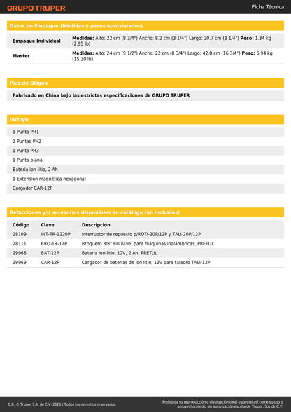 "Taladro Inalámbrico Premium PRETUL 12V 3/8" - Batería Recargable Profesional para Construcción y Carpintería"