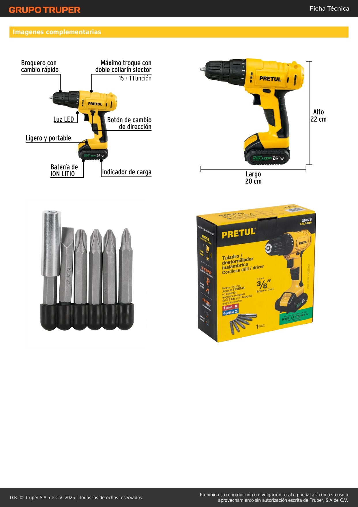 "Taladro Inalámbrico Premium PRETUL 12V 3/8" - Batería Recargable Profesional para Construcción y Carpintería"