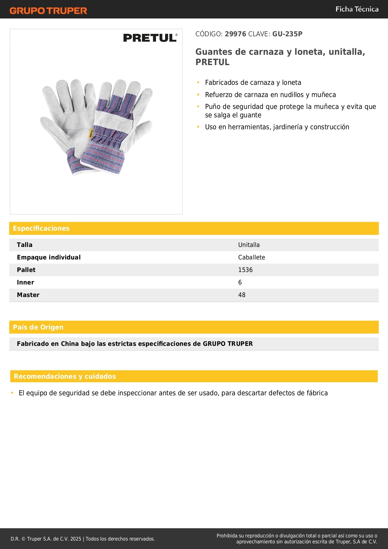 Guantes de Carnaza y Loneta PRETUL GU-235P - Protección Profesional con Refuerzo en Nudillos para Construcción, Jardinería y Herramientas - Puño de Seguridad Antideslizante Unitalla