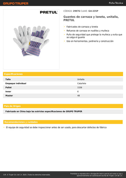 Guantes de Carnaza y Loneta PRETUL GU-235P - Protección Profesional con Refuerzo en Nudillos para Construcción, Jardinería y Herramientas - Puño de Seguridad Antideslizante Unitalla