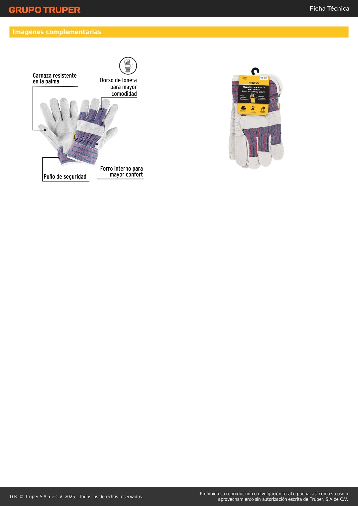 Guantes de Carnaza y Loneta PRETUL GU-235P - Protección Profesional con Refuerzo en Nudillos para Construcción, Jardinería y Herramientas - Puño de Seguridad Antideslizante Unitalla