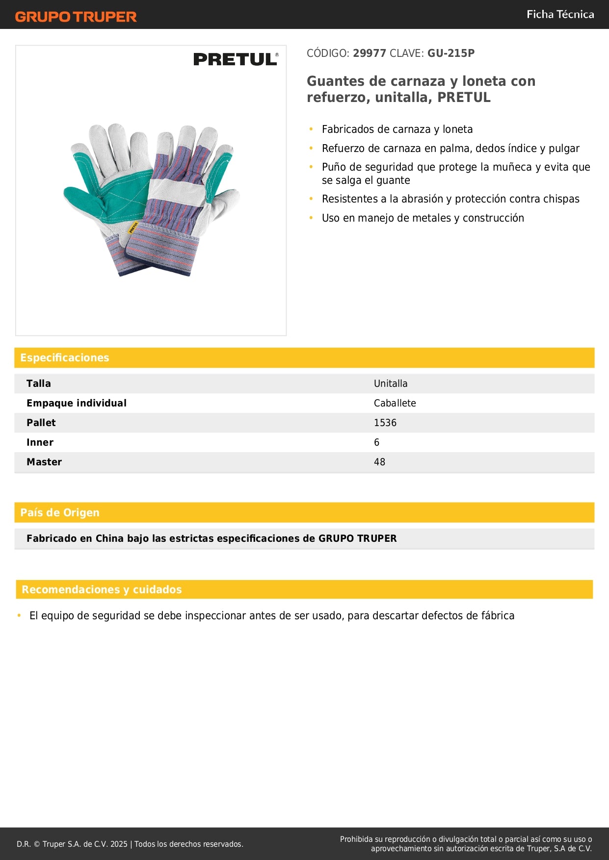 Guantes de Carnaza y Loneta PRETUL GU-215P - Protección Profesional contra Chispas y Abrasión para Soldadura y Construcción