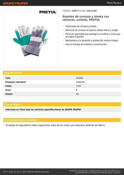 Guantes de Carnaza y Loneta PRETUL GU-215P - Protección Profesional contra Chispas y Abrasión para Soldadura y Construcción