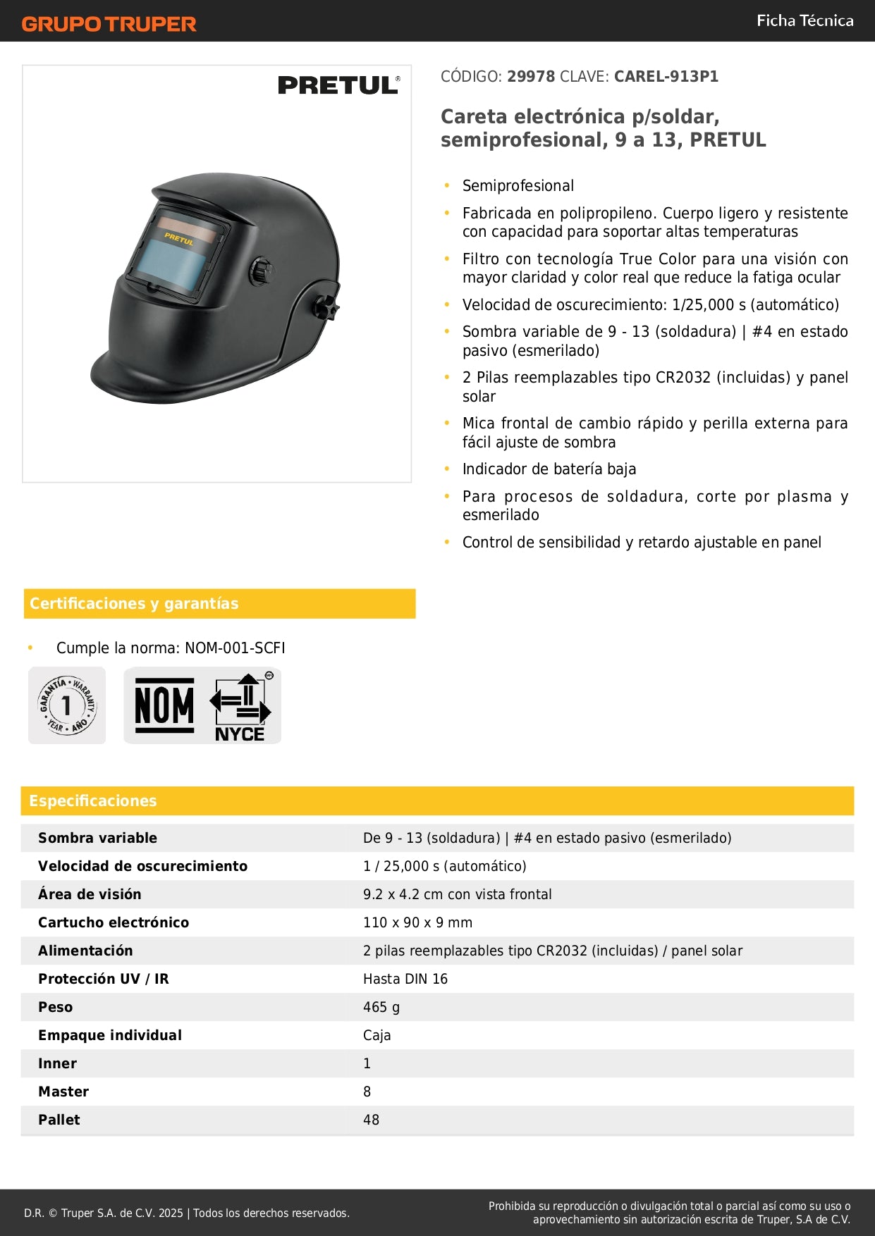 Careta Electrónica Soldadura PRETUL 9-13 Sombra Variable - Protección Profesional Anti-Fatiga Ocular