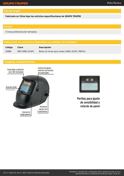 Careta Electrónica Soldadura PRETUL 9-13 Sombra Variable - Protección Profesional Anti-Fatiga Ocular
