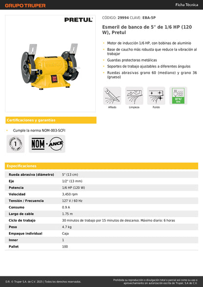 Esmeril de Banco Pretul 5 Pulgadas 1/6 HP - Motor Inducción Profesional para Afilado y Desbaste de Herramientas - Base Antivibración - EBA-5P