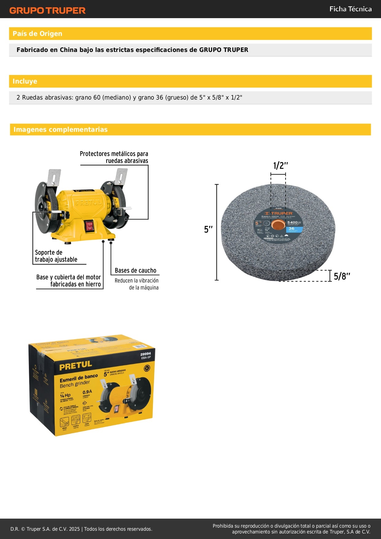 Esmeril de Banco Pretul 5 Pulgadas 1/6 HP - Motor Inducción Profesional para Afilado y Desbaste de Herramientas - Base Antivibración - EBA-5P