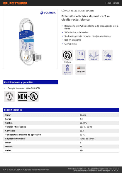 Extensión Eléctrica 2m Polarizada 3 Contactos ED-2BR - Cable PVC Resistente Flama para Interiores