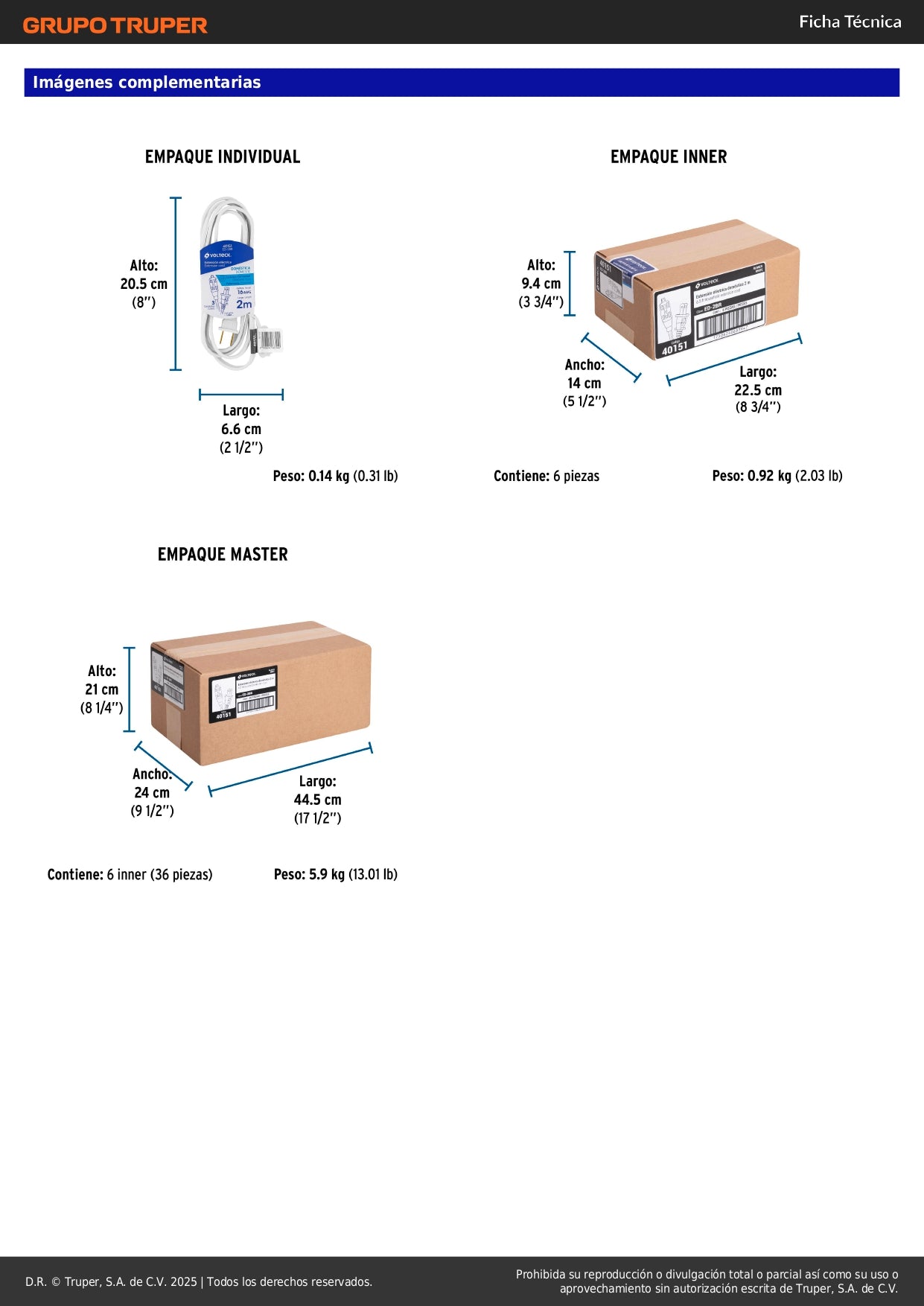 Extensión Eléctrica 2m Polarizada 3 Contactos ED-2BR - Cable PVC Resistente Flama para Interiores