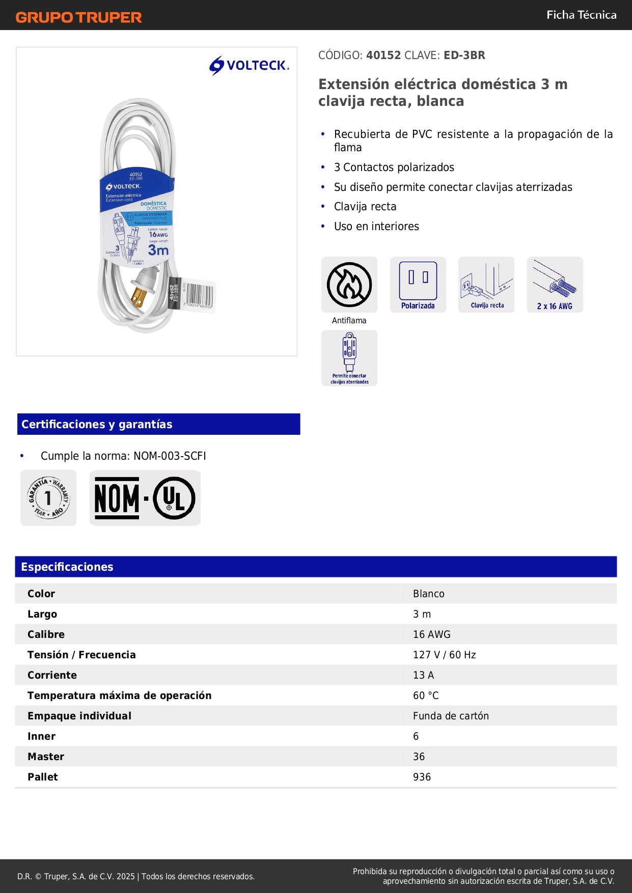 Extensión Eléctrica 3m ED-3BR Volteck - Cable Polarizado Resistente Flama PVC Blanco para Interiores con 3 Contactos Aterrizados