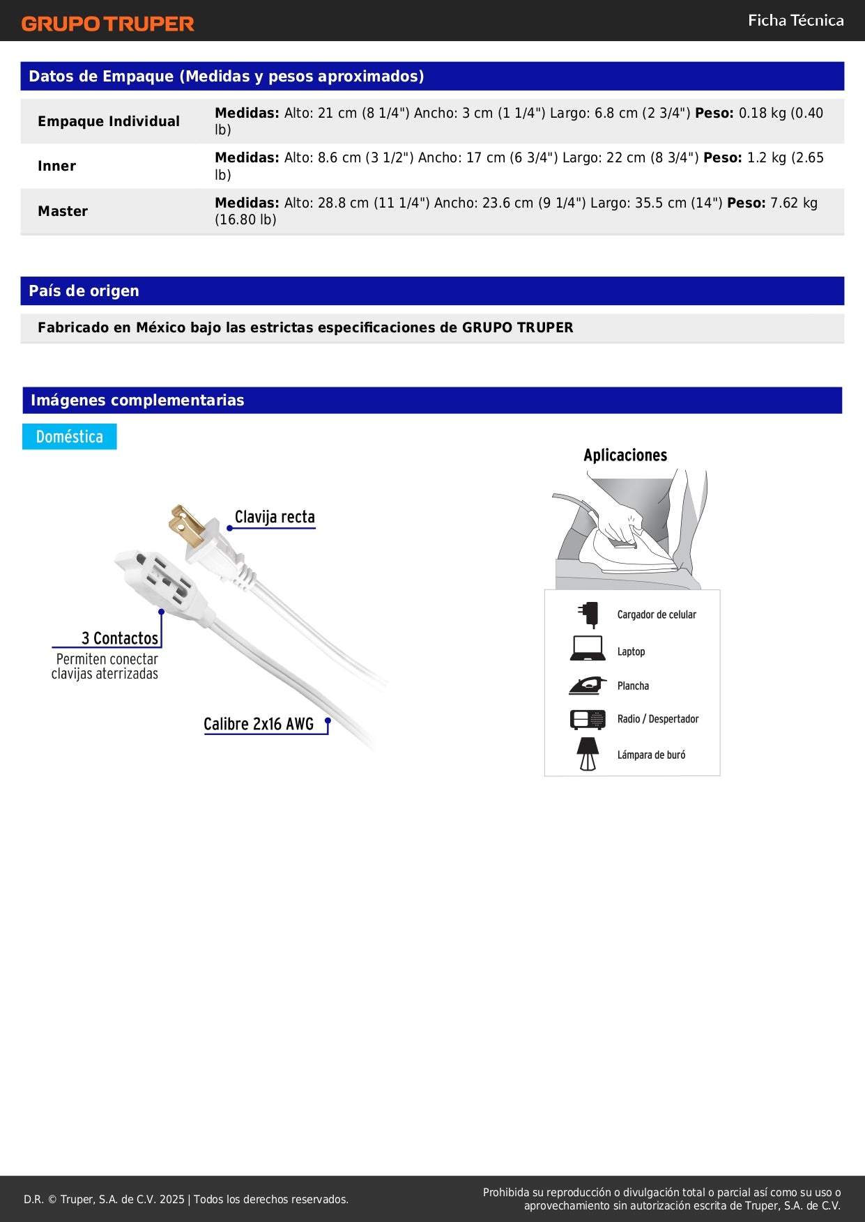 Extensión Eléctrica 3m ED-3BR Volteck - Cable Polarizado Resistente Flama PVC Blanco para Interiores con 3 Contactos Aterrizados