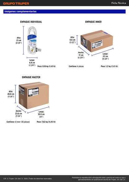 Extensión Eléctrica 3m ED-3BR Volteck - Cable Polarizado Resistente Flama PVC Blanco para Interiores con 3 Contactos Aterrizados