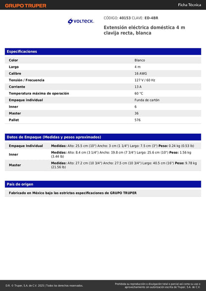 Extensión Eléctrica 4 Metros ED-4BR - Cable Doméstico Blanco con Clavija Recta para Conexión Segura de Electrodomésticos