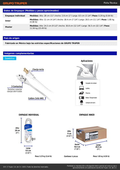 Extensión Eléctrica 5m Polarizada Interior - Solución Segura para Conectar Múltiples Dispositivos - VOLTECK ED-5BR