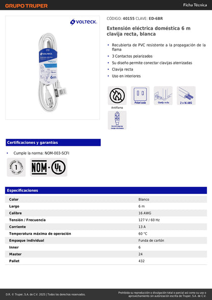 Extensión Eléctrica 6 Metros ED-6BR VOLTECK® - Cable Doméstico PVC Resistente Flama con 3 Contactos Polarizados y Clavija Recta Blanca para Interiores - Solución Profesional para Alcance Eléctrico Limitado