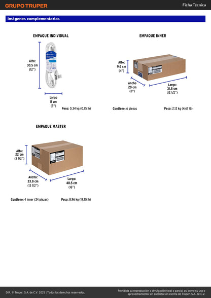 Extensión Eléctrica 6 Metros ED-6BR VOLTECK® - Cable Doméstico PVC Resistente Flama con 3 Contactos Polarizados y Clavija Recta Blanca para Interiores - Solución Profesional para Alcance Eléctrico Limitado