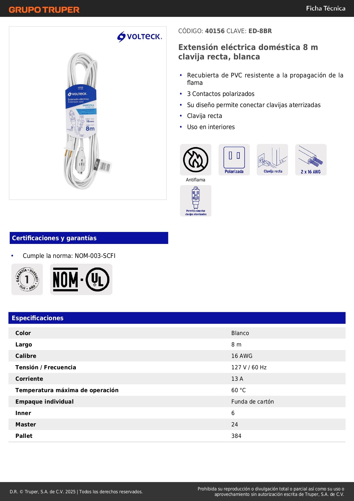 Extensión Eléctrica 8 Metros ED-8BR - Cable Polarizado PVC Resistente Flama para Interiores - Solución Segura Conexión Múltiple
