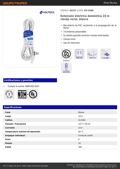 Extensión Eléctrica 10m ED-10BR - Cable Polarizado 3 Contactos con Clavija Recta para Interiores - Solución Segura Anti-Flama PVC