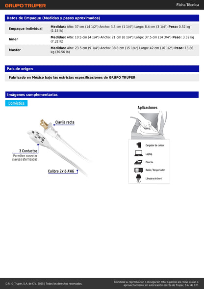 Extensión Eléctrica 10m ED-10BR - Cable Polarizado 3 Contactos con Clavija Recta para Interiores - Solución Segura Anti-Flama PVC