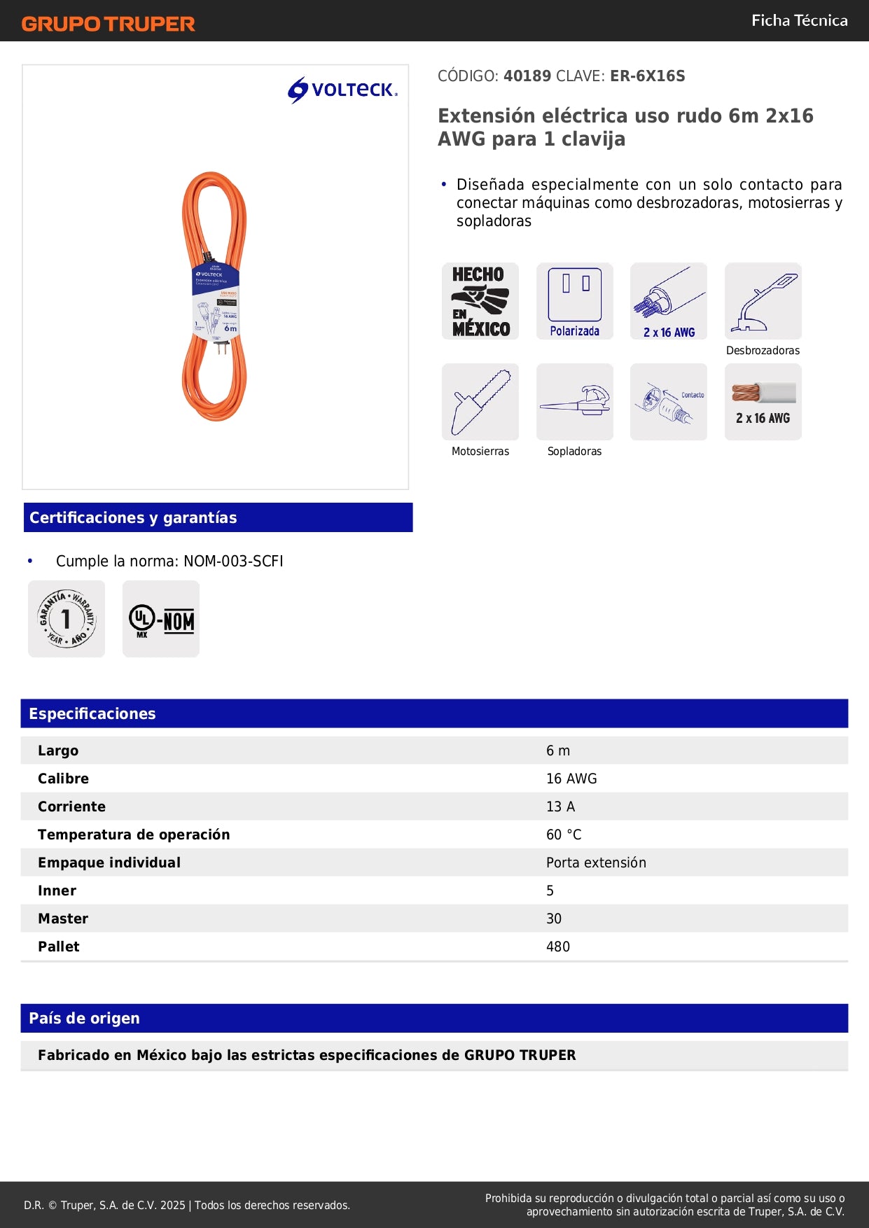 Extensión Eléctrica Uso Rudo 6m Cable 2x16 AWG - Solución Profesional para Desbrozadoras, Motosierras y Sopladoras - ER-6X16S