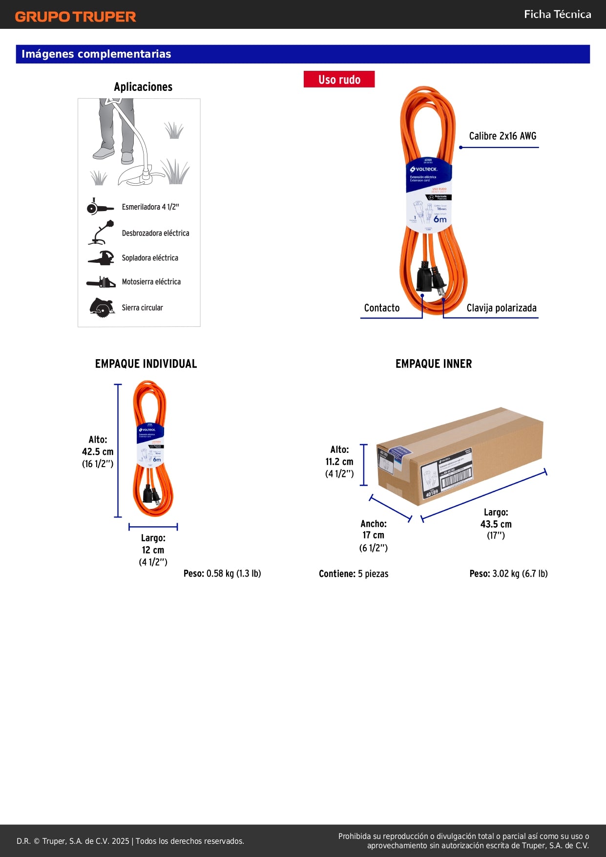 Extensión Eléctrica Uso Rudo 6m Cable 2x16 AWG - Solución Profesional para Desbrozadoras, Motosierras y Sopladoras - ER-6X16S