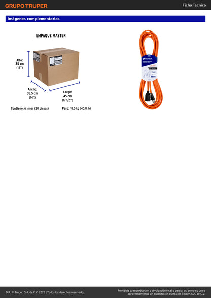 Extensión Eléctrica Uso Rudo 6m Cable 2x16 AWG - Solución Profesional para Desbrozadoras, Motosierras y Sopladoras - ER-6X16S