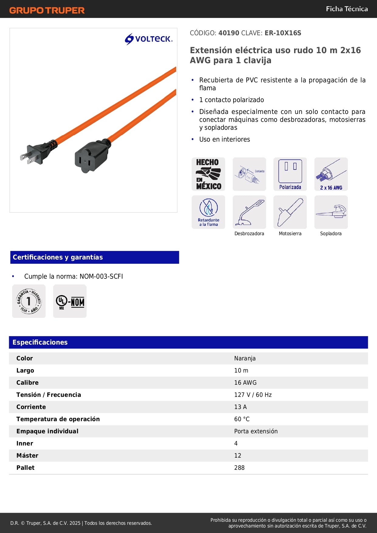 Extensión Eléctrica Uso Rudo 10m 2x16 AWG - Cable Resistente PVC Anti-Flama para Desbrozadoras, Motosierras y Sopladoras - ER-10X16S