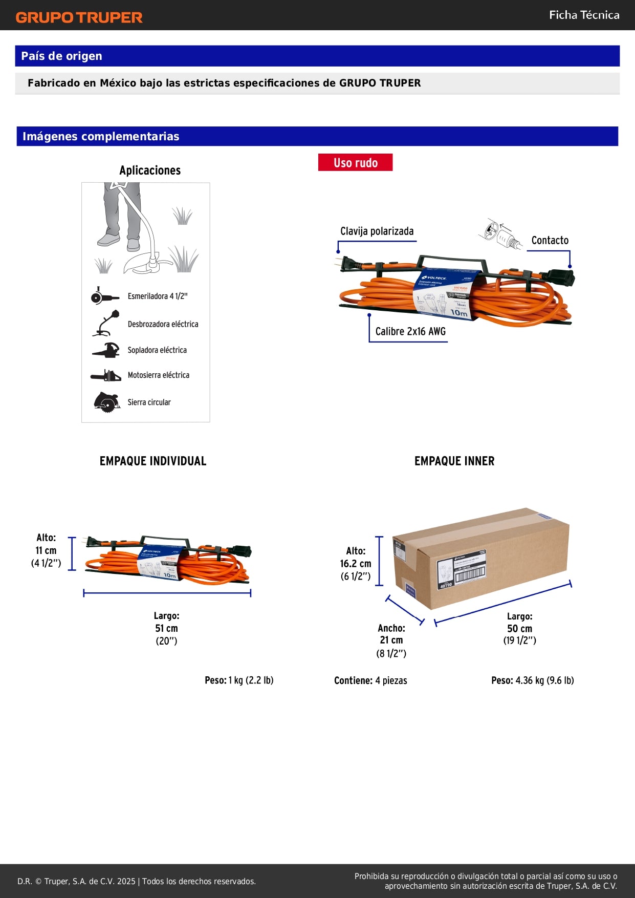 Extensión Eléctrica Uso Rudo 10m 2x16 AWG - Cable Resistente PVC Anti-Flama para Desbrozadoras, Motosierras y Sopladoras - ER-10X16S