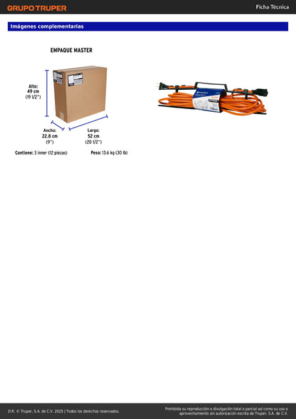 Extensión Eléctrica Uso Rudo 10m 2x16 AWG - Cable Resistente PVC Anti-Flama para Desbrozadoras, Motosierras y Sopladoras - ER-10X16S
