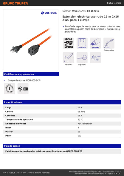 Extensión Eléctrica Uso Rudo 15m 2x16 AWG - Cable Profesional para Desbrozadoras, Motosierras y Sopladoras - ER-15X16S