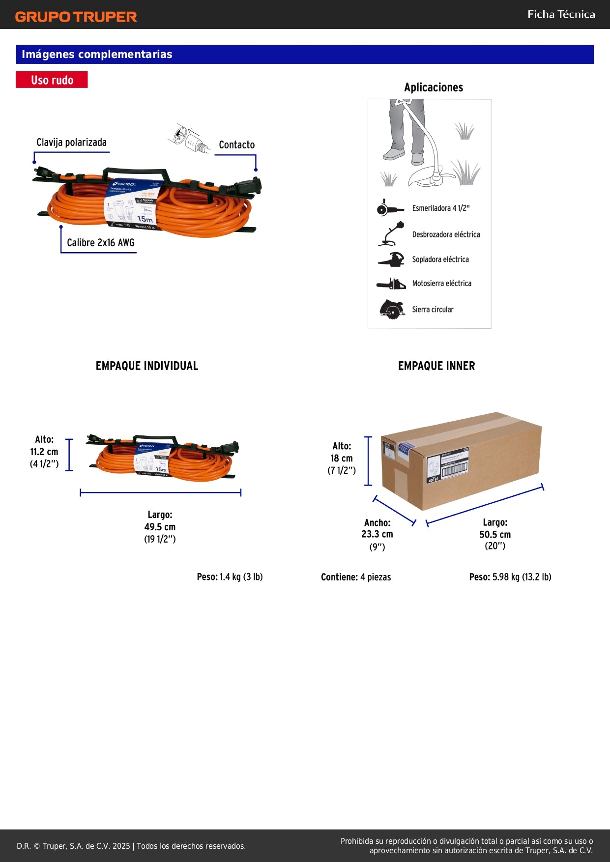Extensión Eléctrica Uso Rudo 15m 2x16 AWG - Cable Profesional para Desbrozadoras, Motosierras y Sopladoras - ER-15X16S