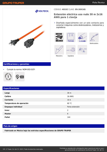 Extensión Eléctrica Uso Rudo 30m 2x16 AWG - Solución Profesional para Desbrozadoras, Motosierras y Sopladoras - ER-30X16S
