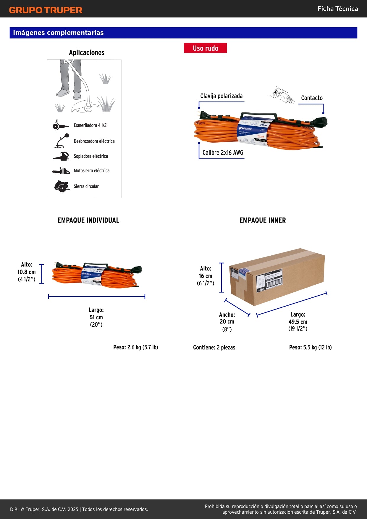Extensión Eléctrica Uso Rudo 30m 2x16 AWG - Solución Profesional para Desbrozadoras, Motosierras y Sopladoras - ER-30X16S