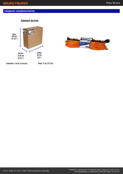 Extensión Eléctrica Uso Rudo 30m 2x16 AWG - Solución Profesional para Desbrozadoras, Motosierras y Sopladoras - ER-30X16S
