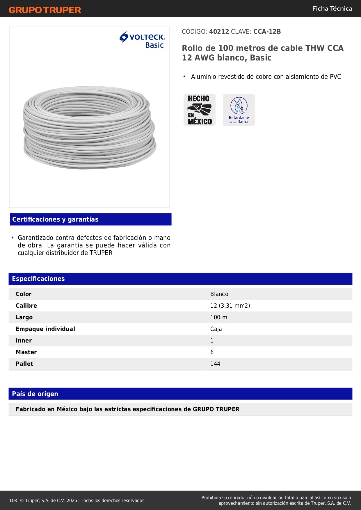 Cable THW CCA 12 AWG Blanco 100m - Instalación Eléctrica Residencial y Comercial Segura - Aluminio Revestido Cobre