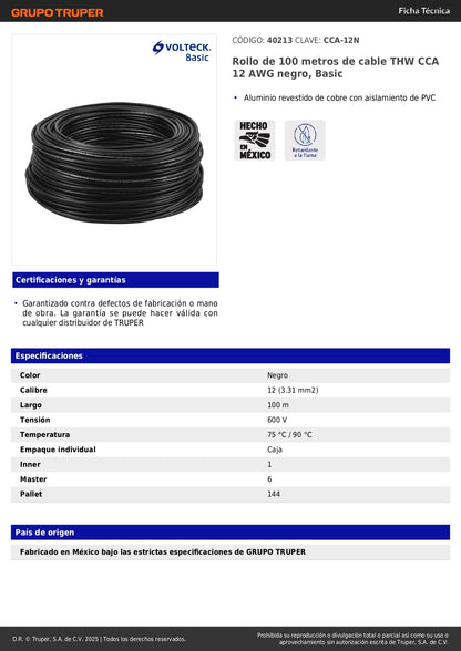 Cable THW CCA 12 AWG Negro 100m - Aluminio Revestido Cobre para Instalaciones Eléctricas Residenciales y Comerciales - Solución Económica Conductividad Eléctrica
