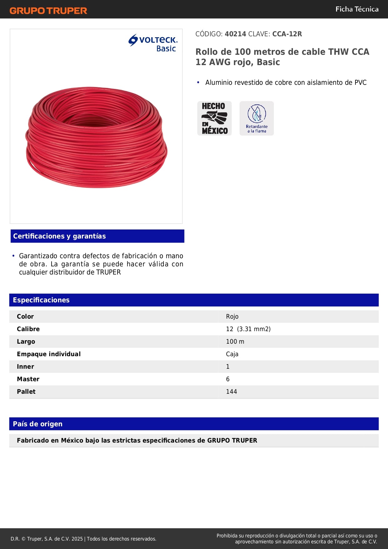 Cable THW CCA 12 AWG Rojo 100m - Instalación Eléctrica Residencial y Comercial - Aluminio Revestido Cobre PVC - CCA-12R