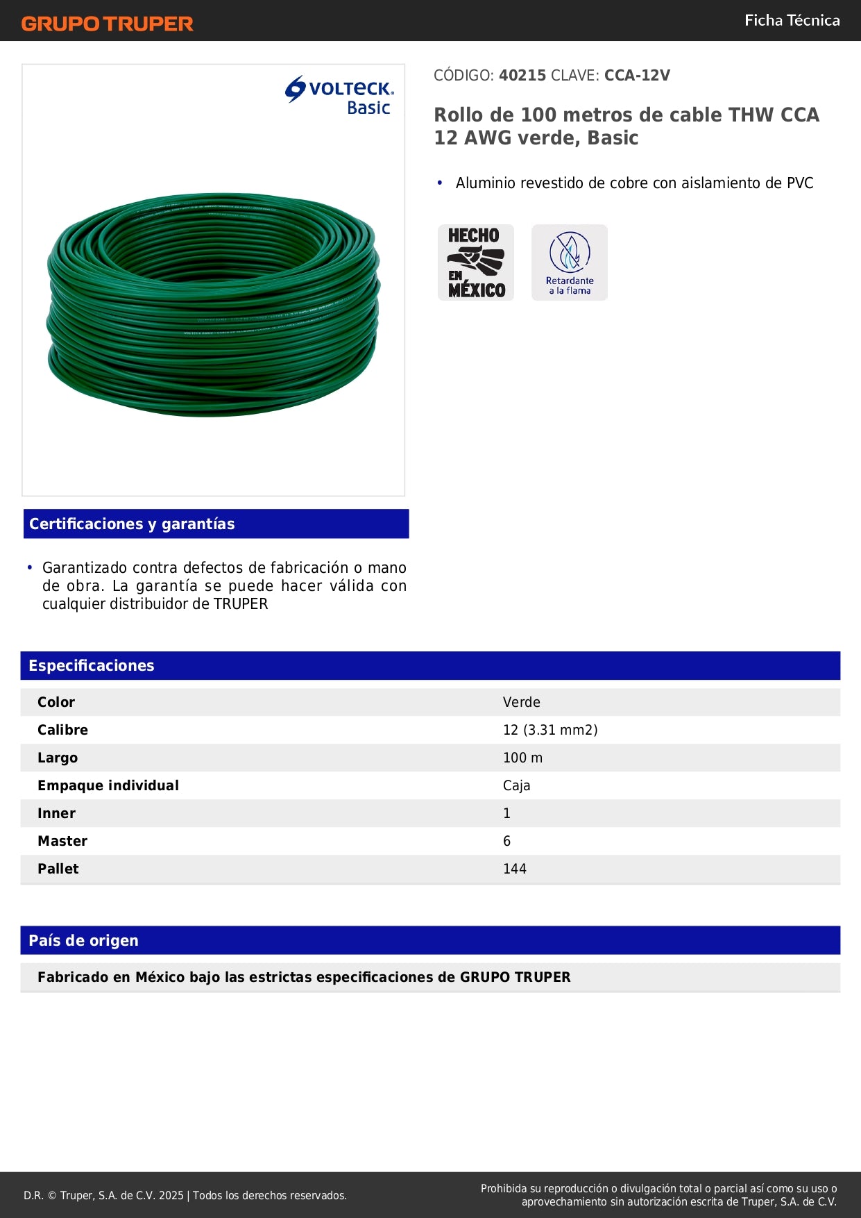 Cable THW CCA 12 AWG Verde 100m - Solución Económica para Instalaciones Eléctricas Residenciales