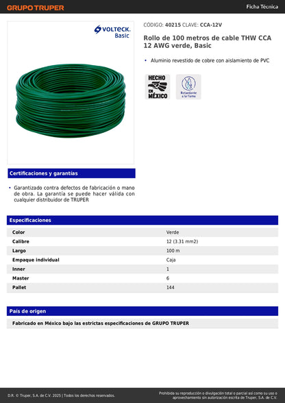 Cable THW CCA 12 AWG Verde 100m - Solución Económica para Instalaciones Eléctricas Residenciales
