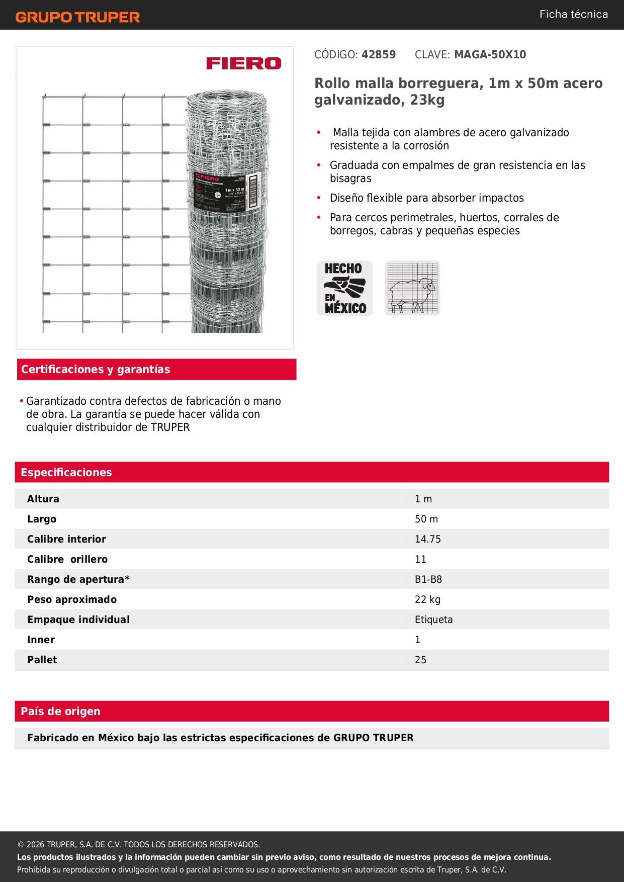 Rollo malla borreguera, 1m x 50m acero galvanizado, 23kg
