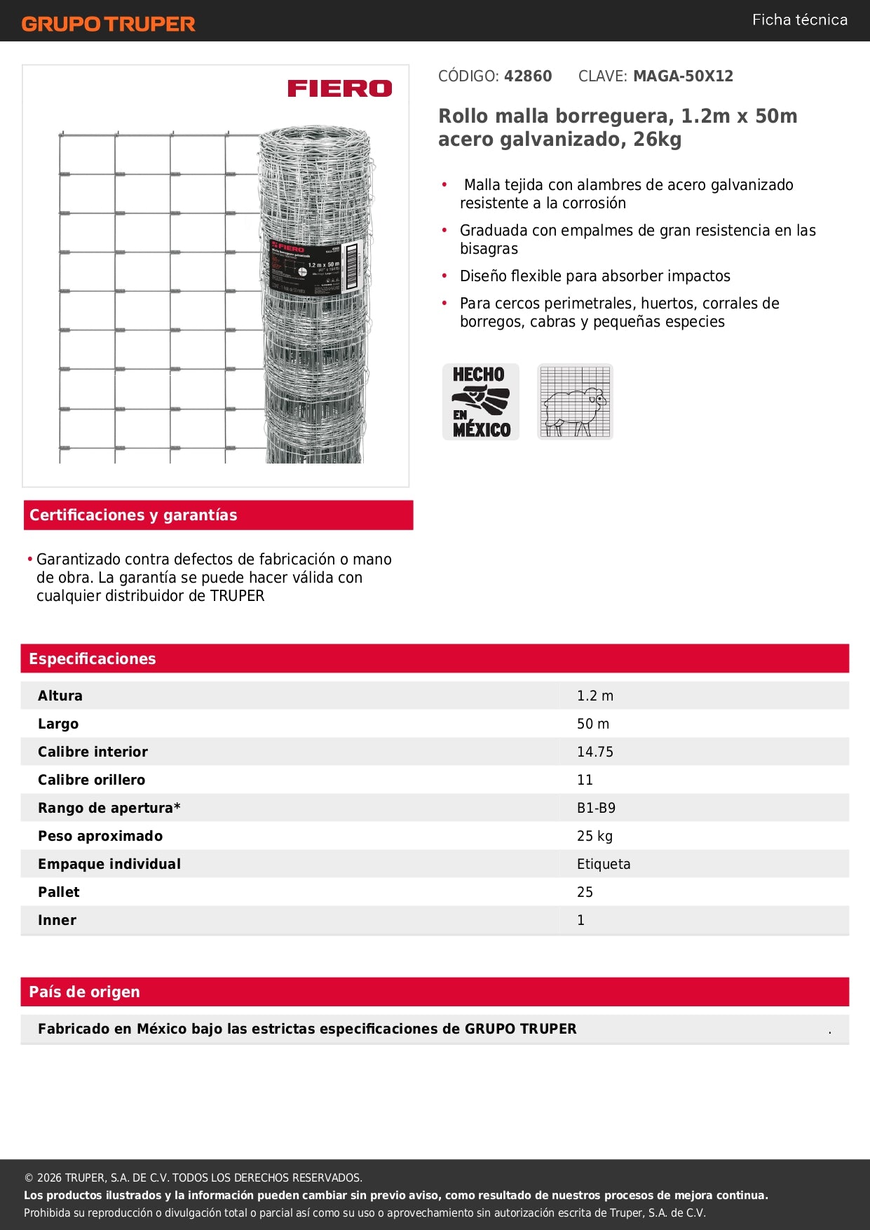 Rollo malla borreguera, 1.2m x 50m acero galvanizado, 26kg