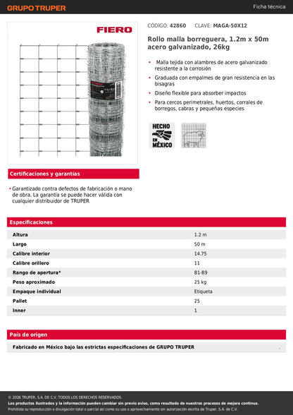 Rollo malla borreguera, 1.2m x 50m acero galvanizado, 26kg