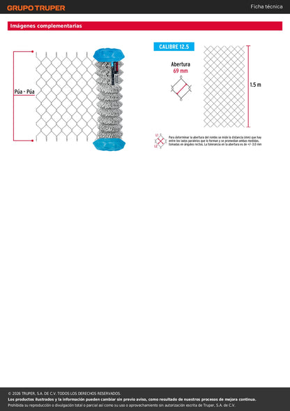 Malla Ciclónica Galvanizada Cal.12.5 - Rollo 1.5x20m para Cercado Industrial, Residencial y Delimitación de Perímetros